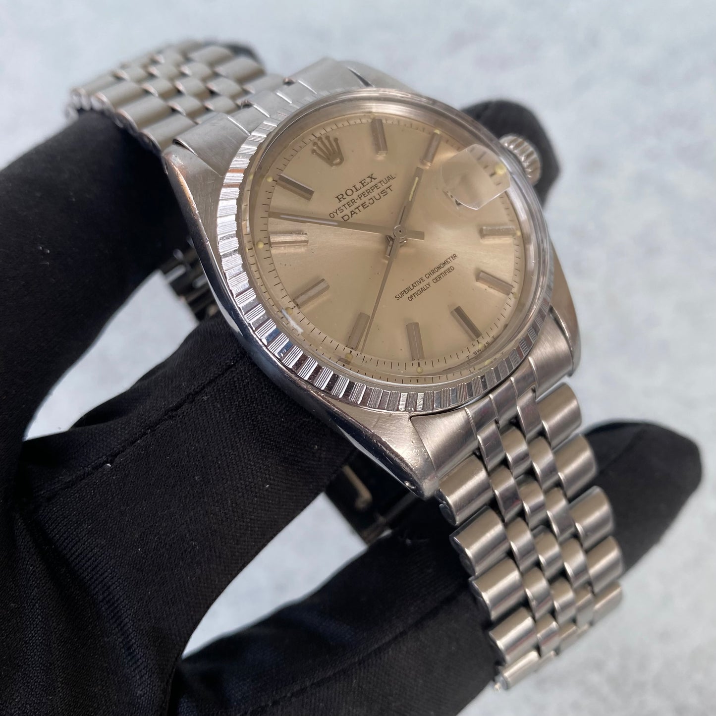 1970 Rolex Datejust Oyster Perpetual 1603 Engine Turned Bezel Swiss Watch